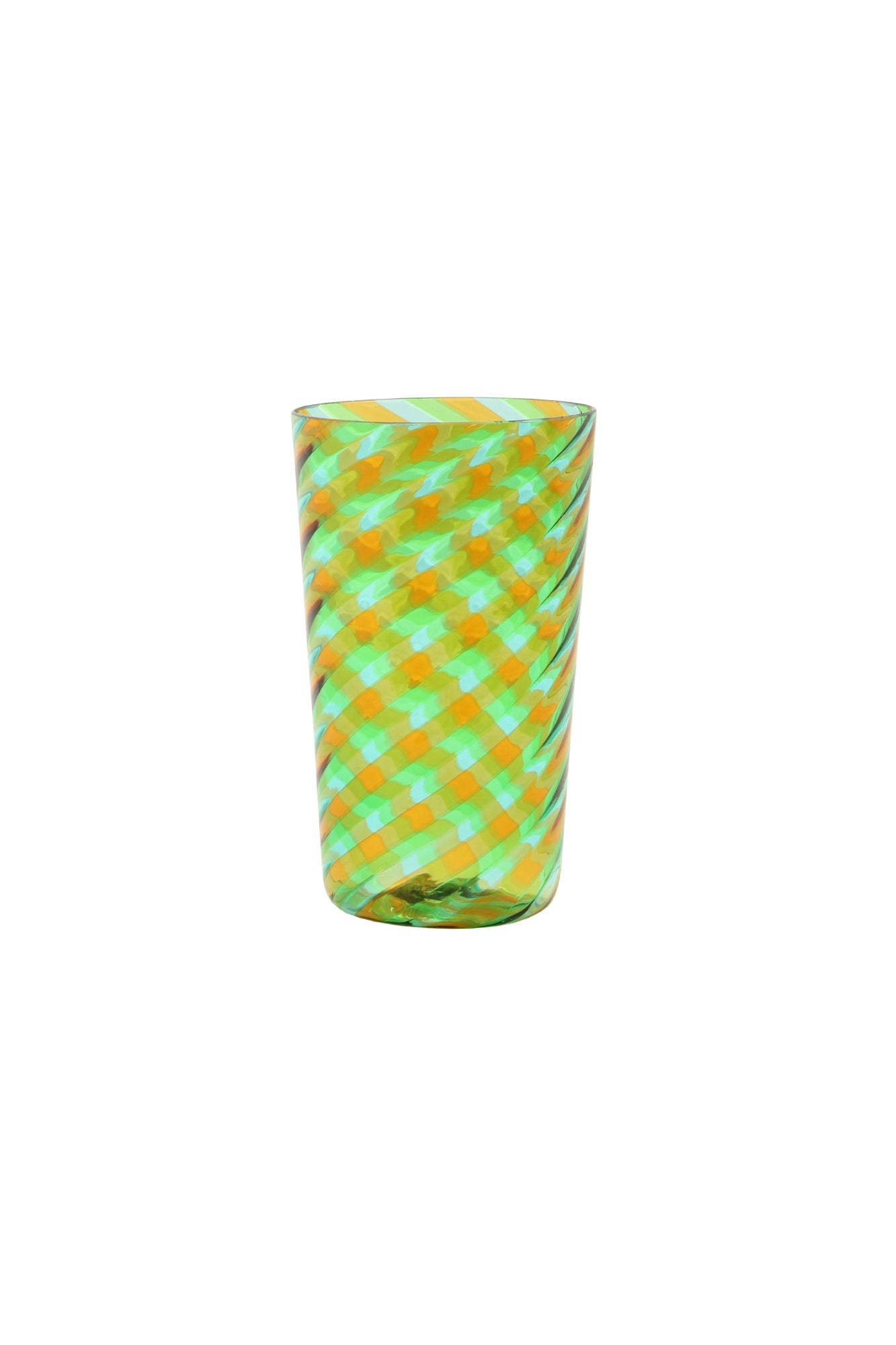 Murano twisted glass tumbler with colorful stripes of light green, blue, and orange. 