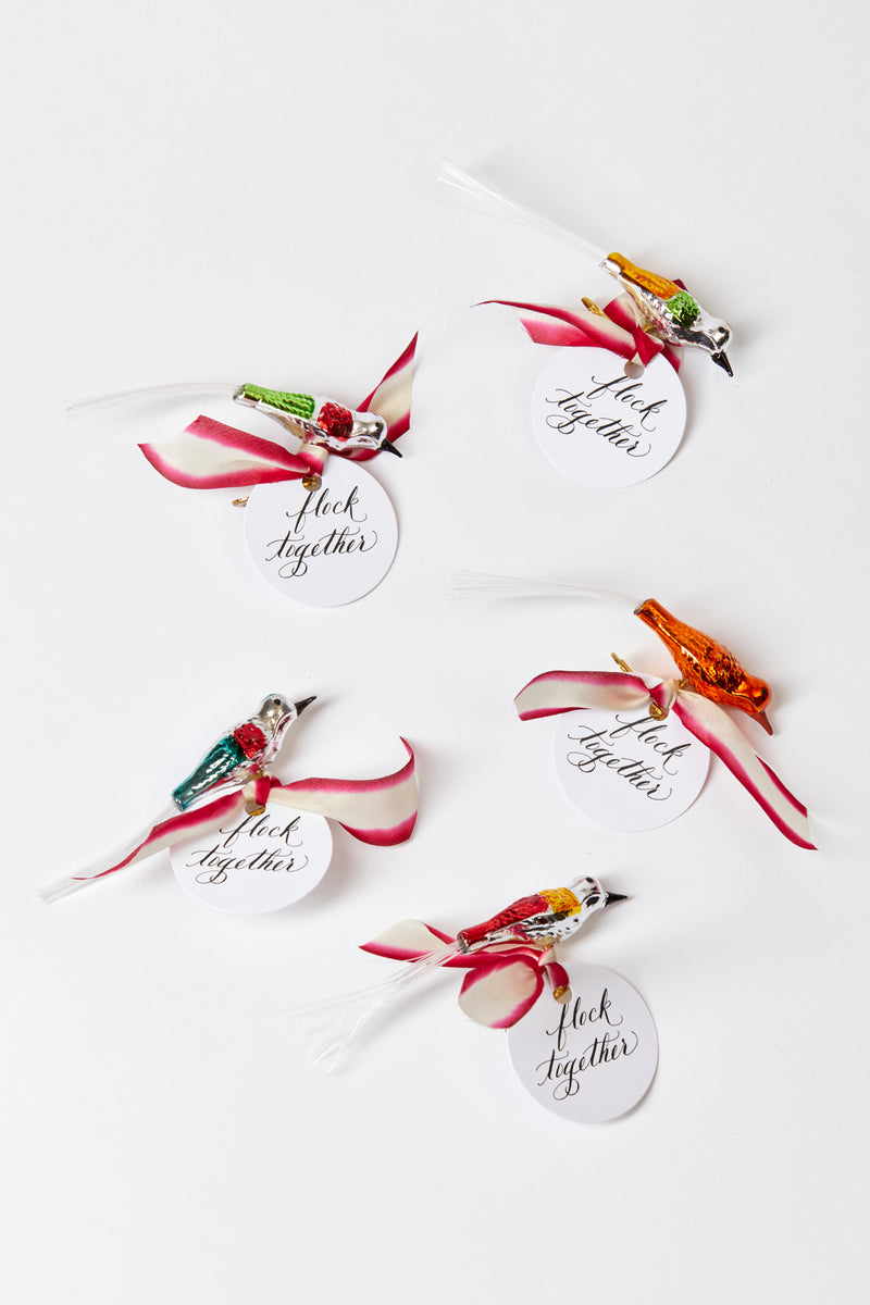 SET OF 5 RETRO BIRD ORNAMENTS WITH TAGS