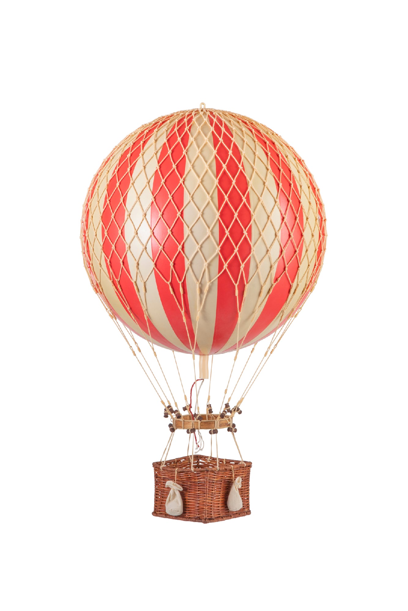 Red and Ivory whimsical wicker hot air balloon for hanging.