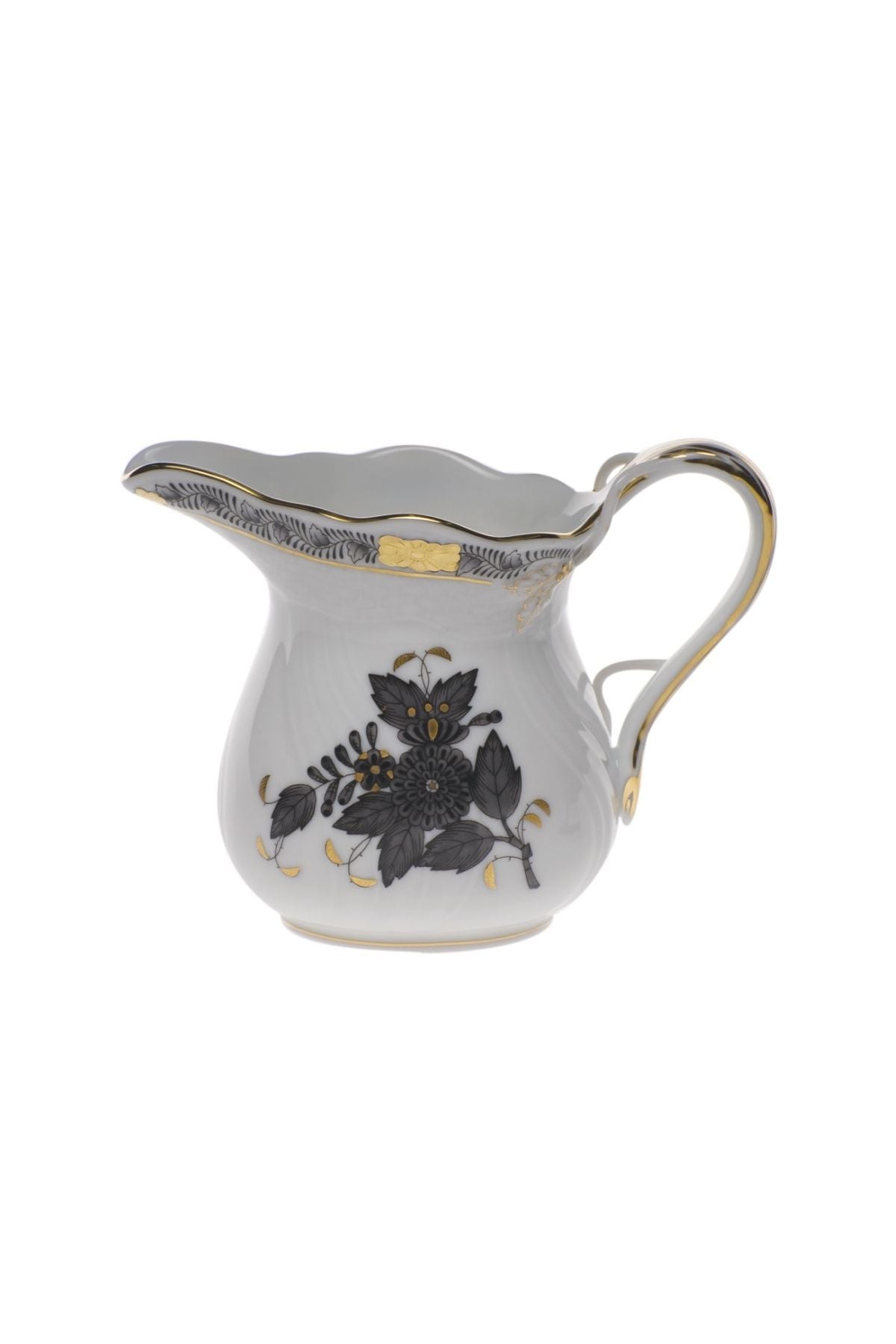 Five piece dinner service is hand painted on white porcelain including 24k accents. Black details.