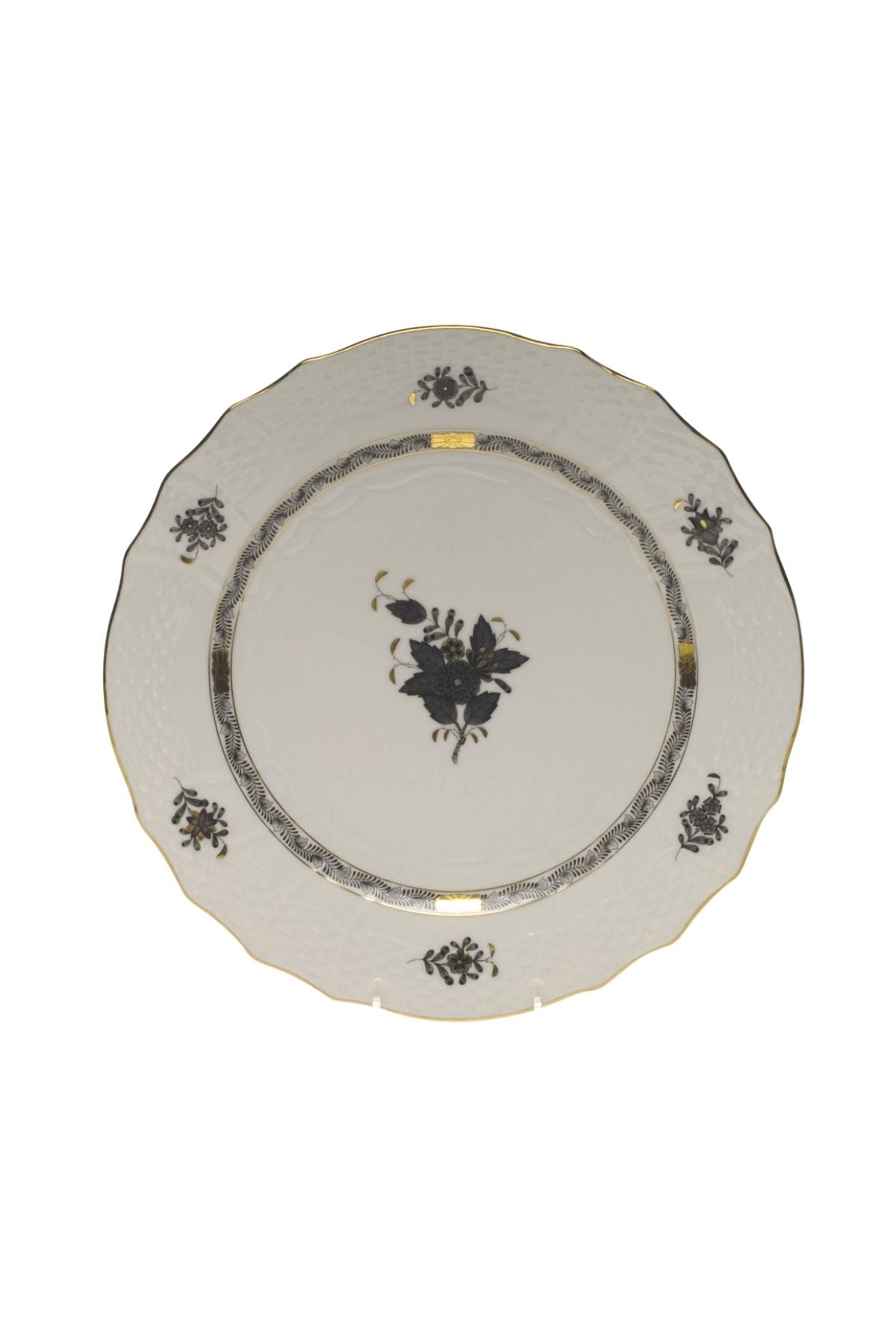 Five piece dinner service is hand painted on white porcelain including 24k accents. Black details.