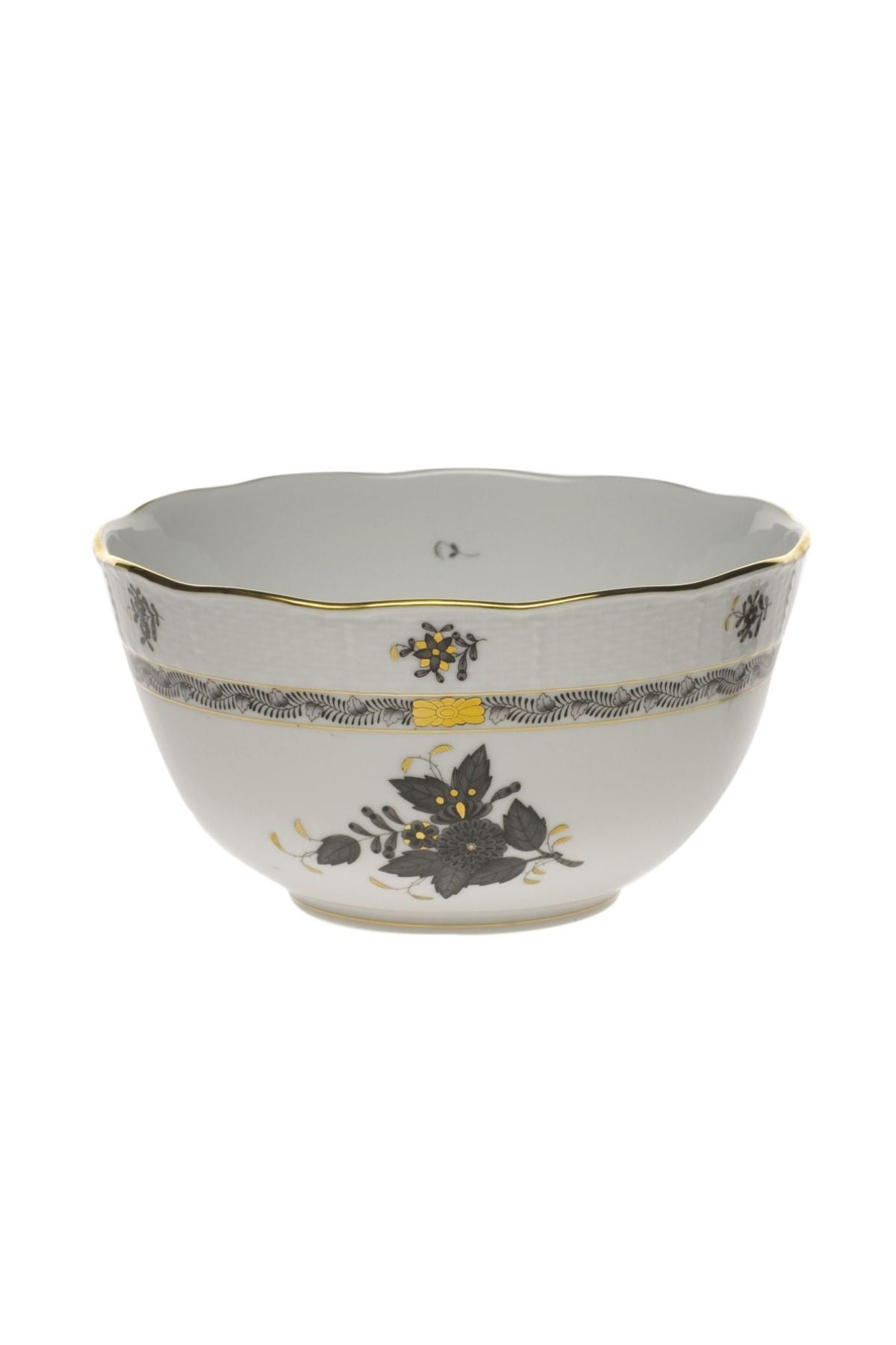 Five piece dinner service is hand painted on white porcelain including 24k accents. Black details.