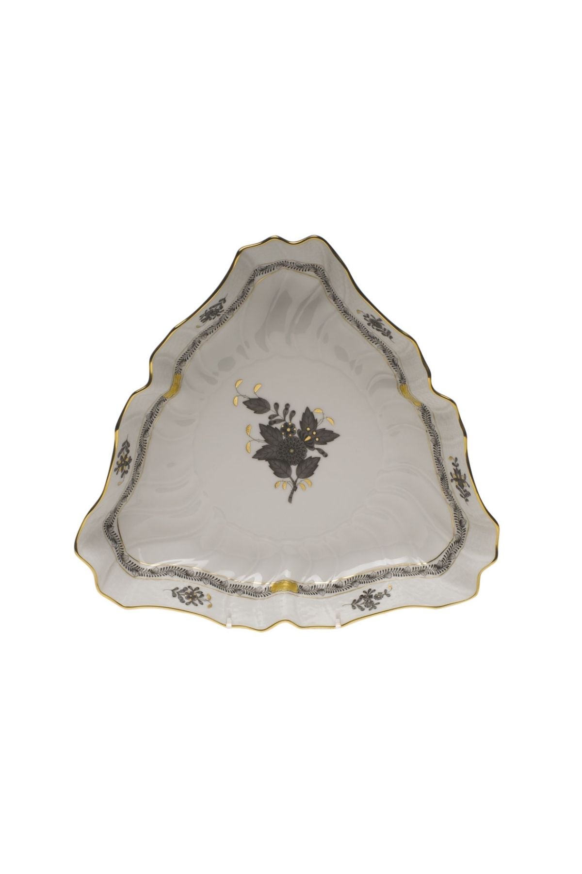 Five piece dinner service is hand painted on white porcelain including 24k accents. Black details.