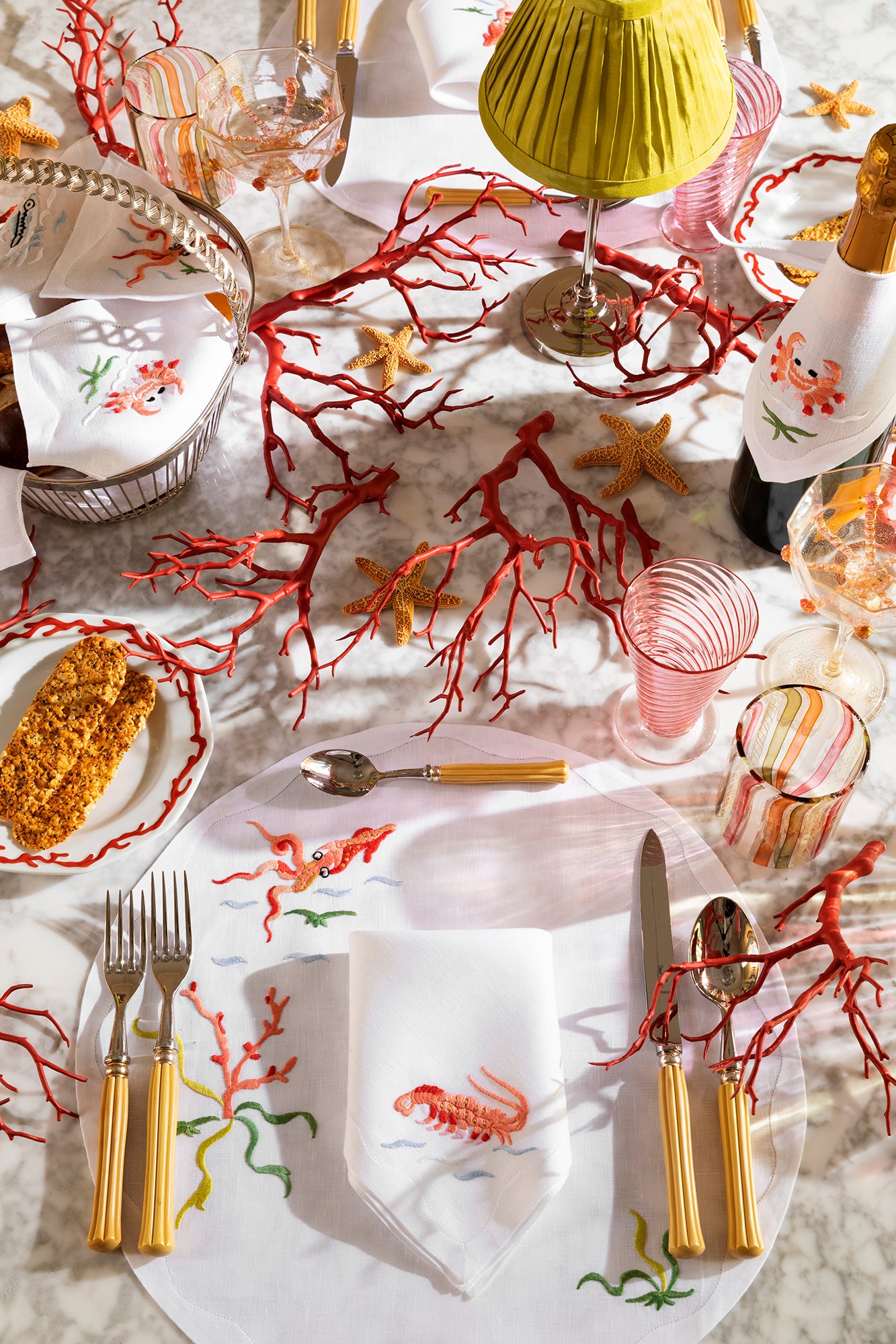 Dinner napkin linen with crustaceans stitched. Made in Madeira, Portugal.