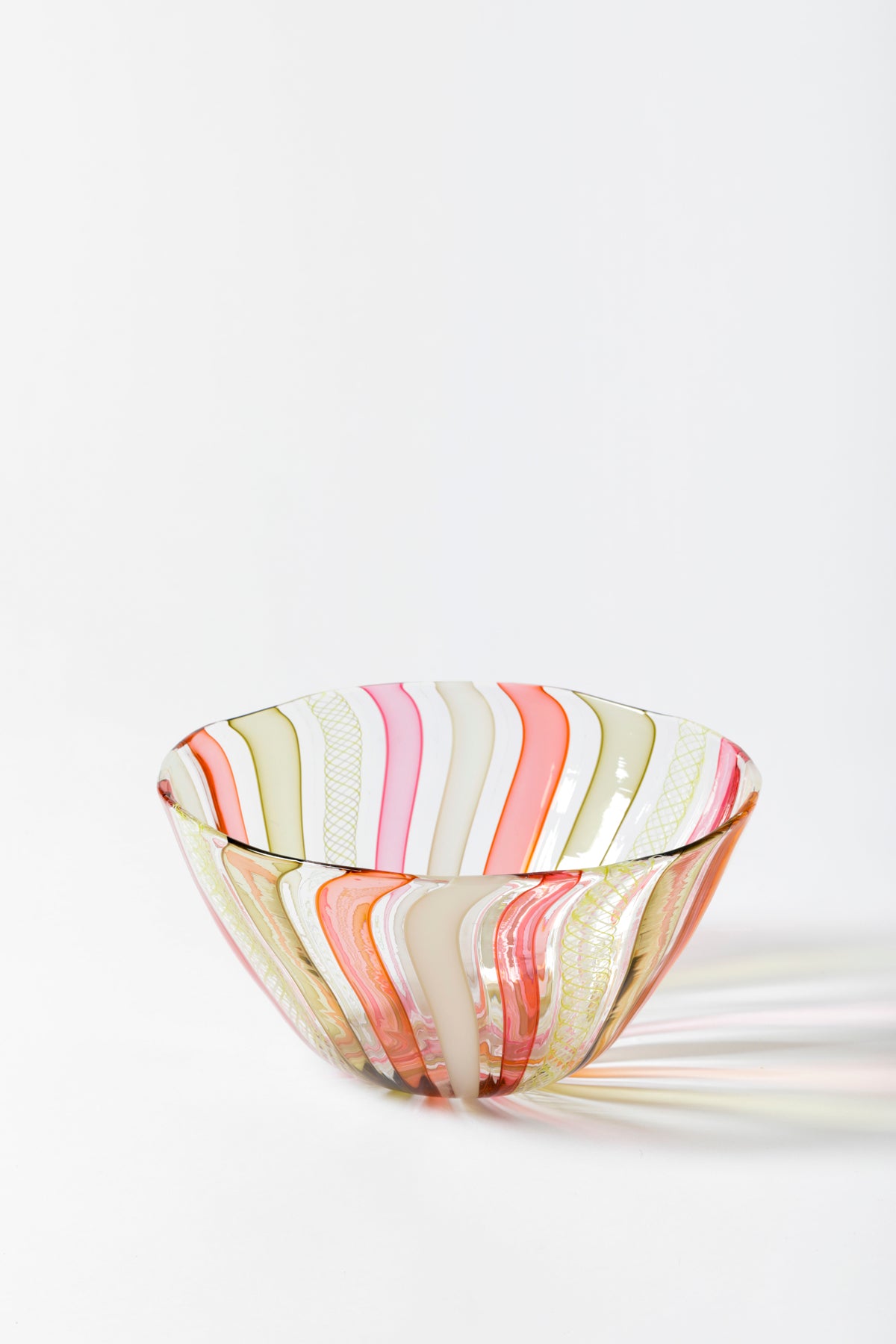 Handblown glass bowl with blush and Vanilla cream ribbons.