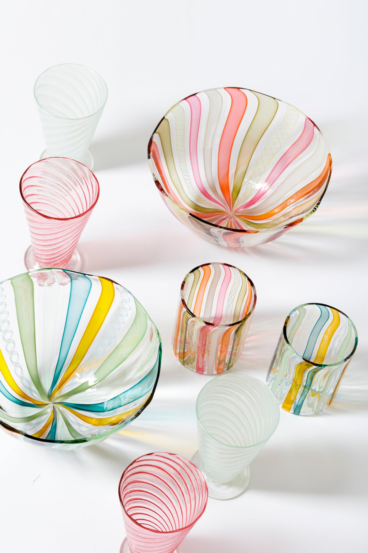 Handblown glass bowl with blush and Vanilla cream ribbons.