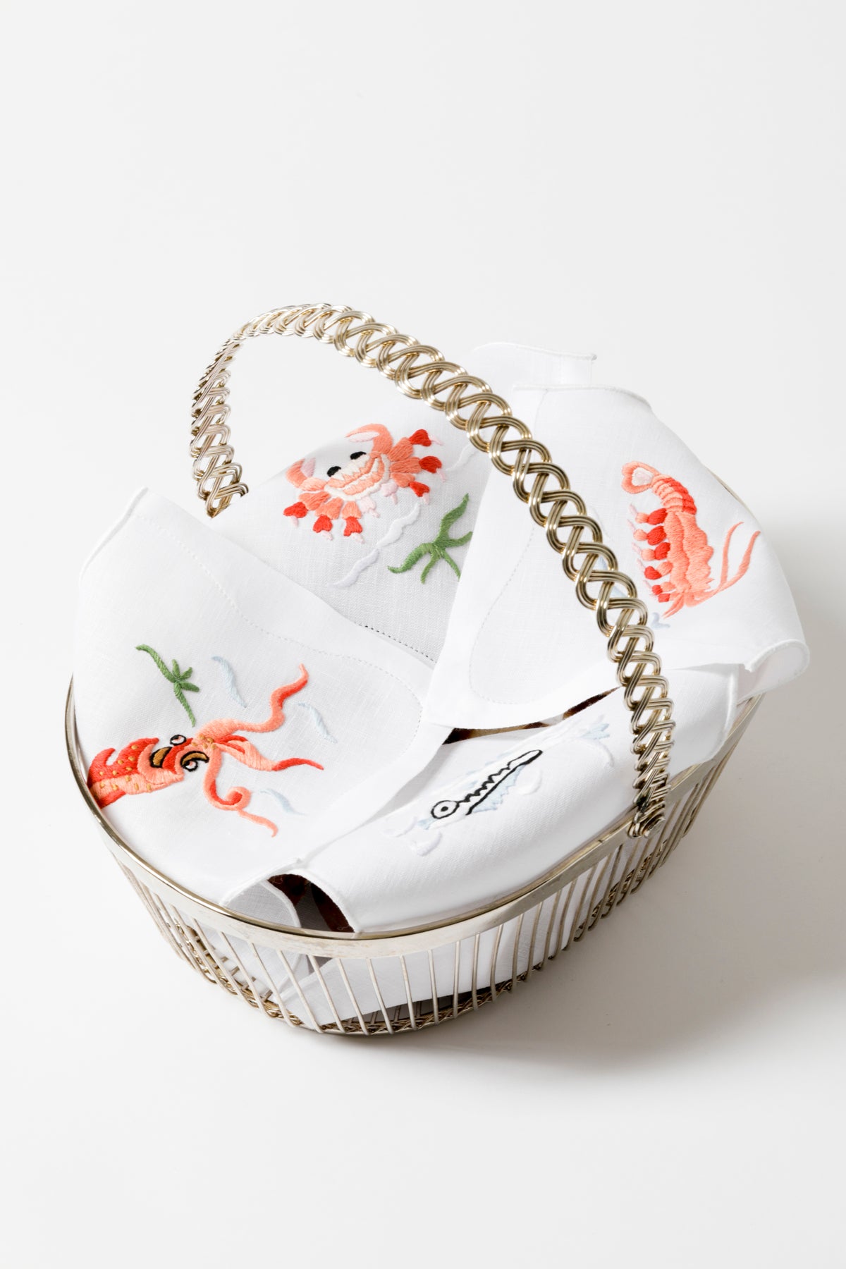 Linen with crustaceans stitched. Made in Madeira, Portugal.