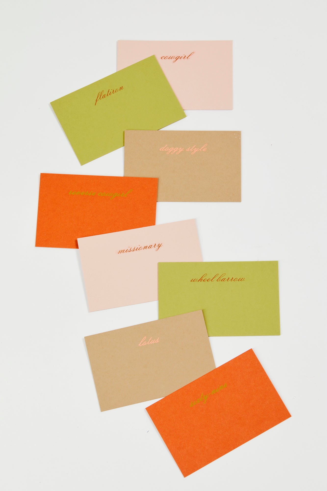 Set of 8 place cards in multiple colors engraved with various sexual positions on heavy cardstock.