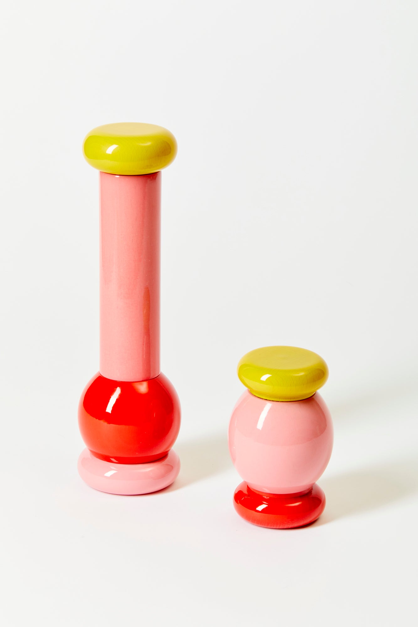 Pink, red and yellow salt and pepper shaker. Designed by the Memphis Group architect Ettore Sottsass.
