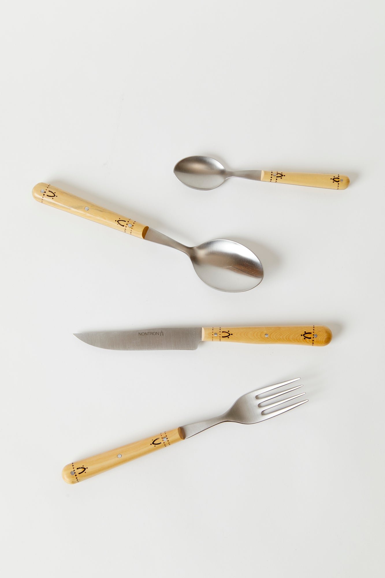 SET OF 4 BURNED BOXWOOD FLATWARE