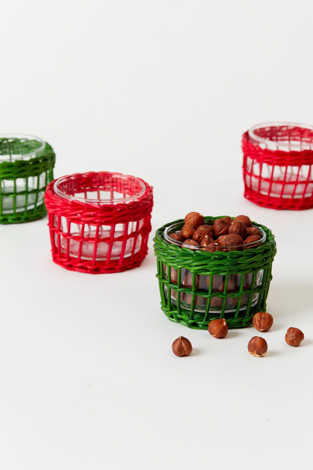 Red and green wicker snack dish.
