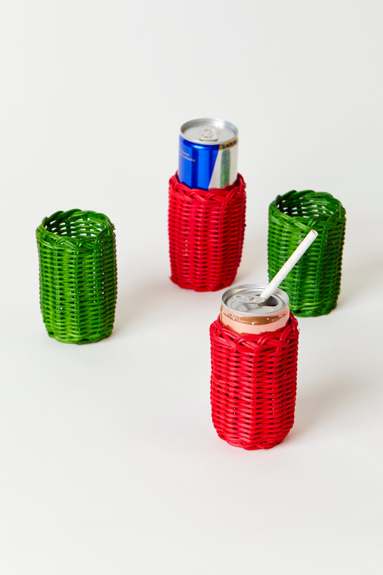 Red and green wicker slim can covers.