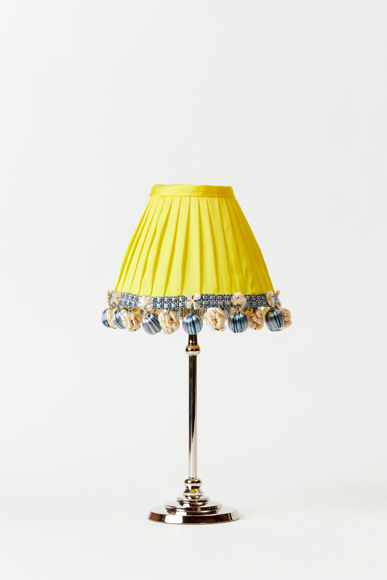 Marvelous hand-pleated silk shade in buttercup with baubles.
