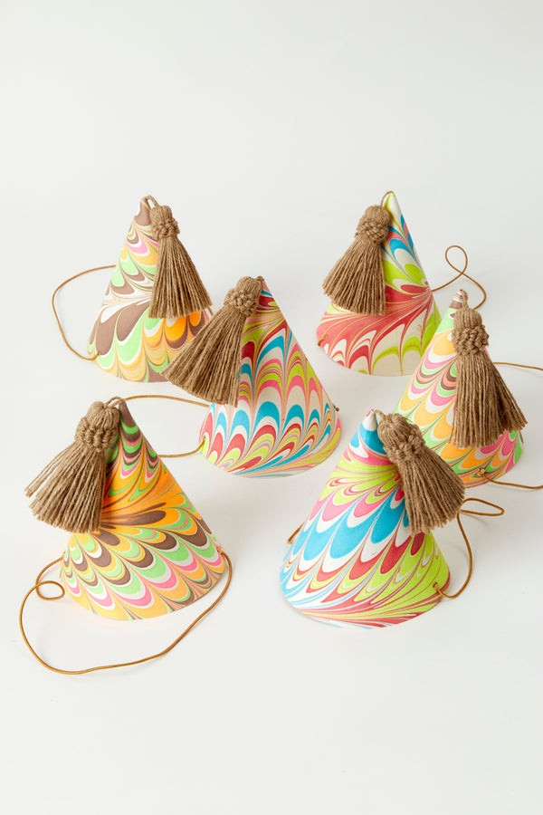 SET OF 6 NEON MARBLED PARTY HATS