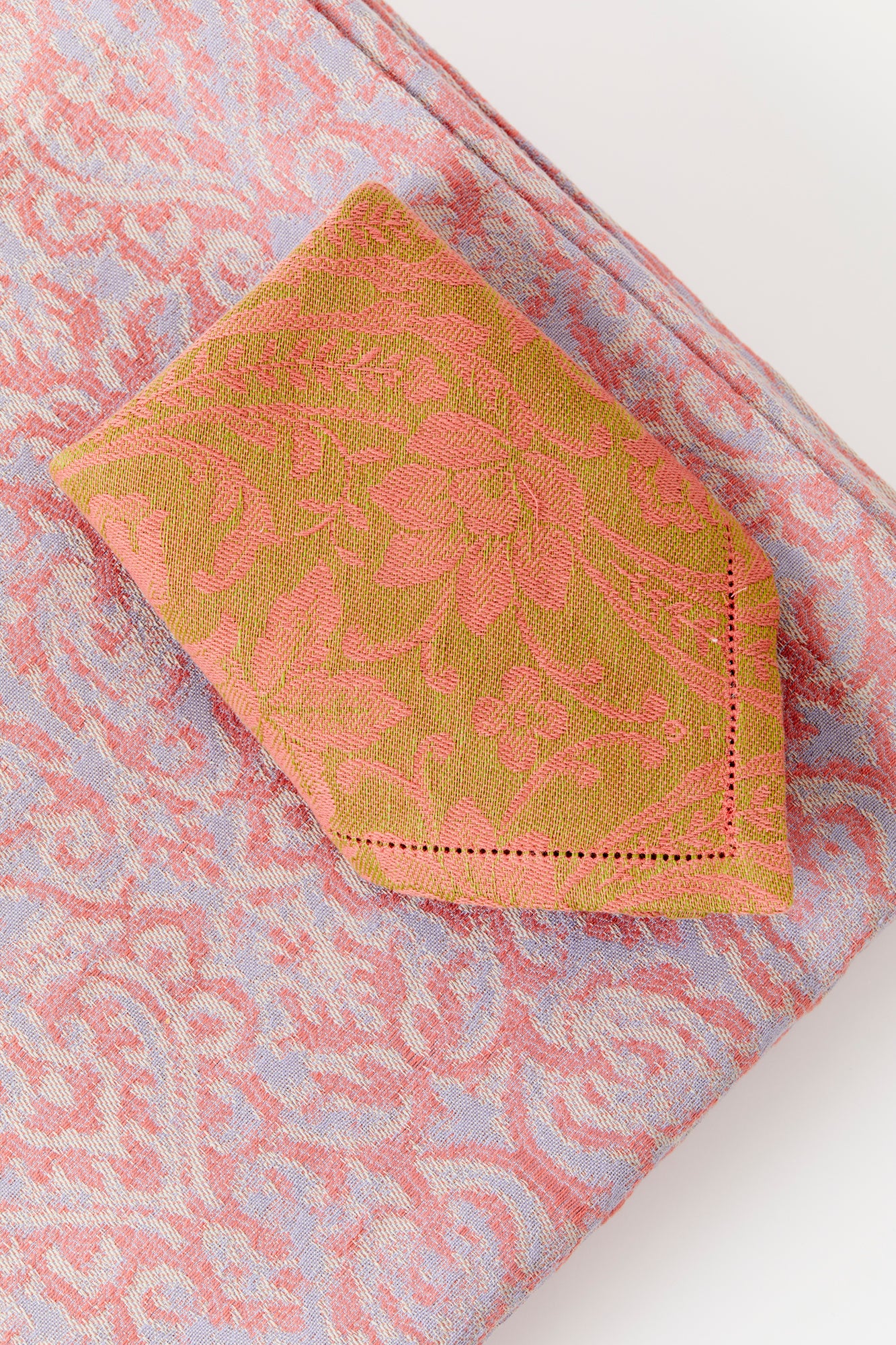 Lilac jacquard tablecloth. Made by hand in the Tuscan hills.