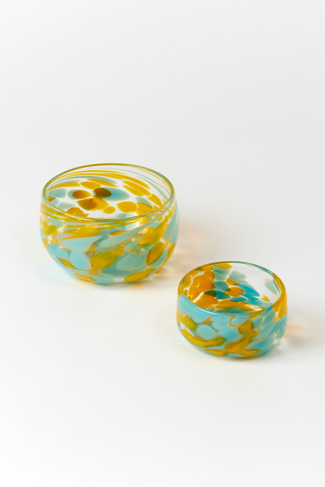 Yellow and Aqua handblown candy or nut dishes. Made by Paul Arnhold.