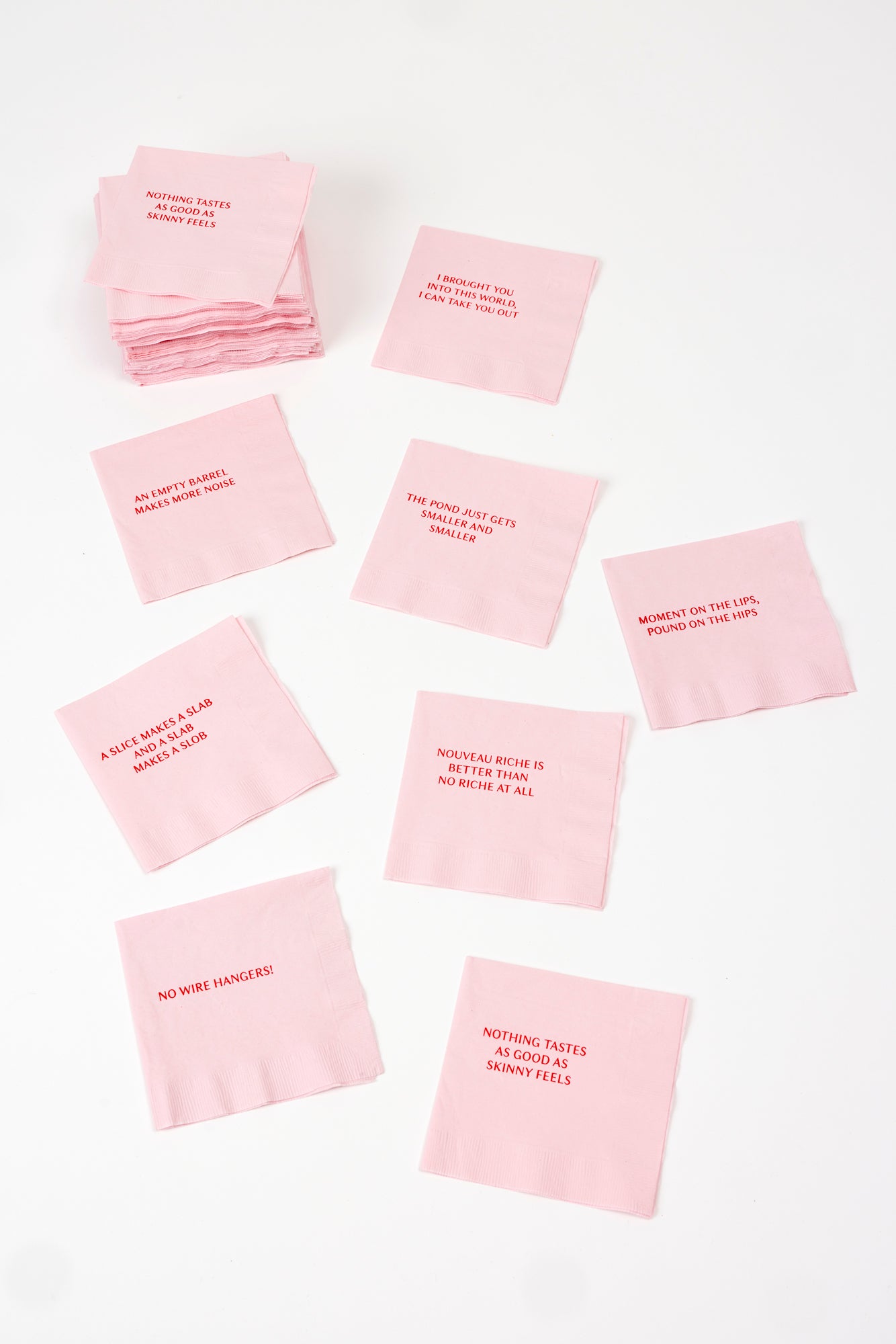 This set of 64 napkins includes 8 count of all 8 sayings that poke at childhood trauma, packaged for gifting. 