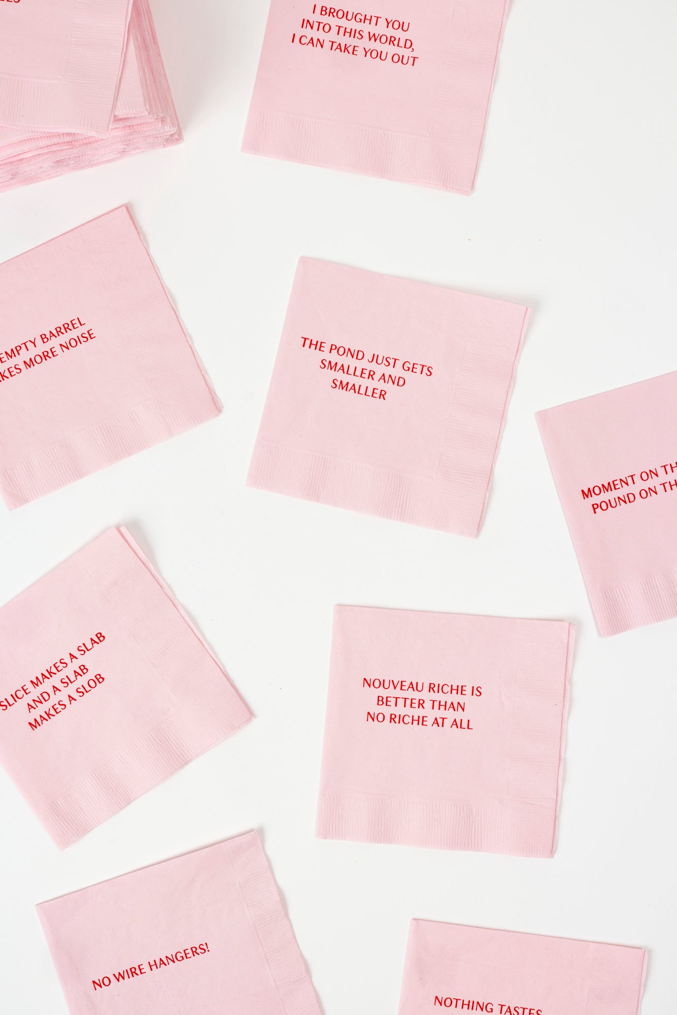 This set of 64 napkins includes 8 count of all 8 sayings that poke at childhood trauma, packaged for gifting. 