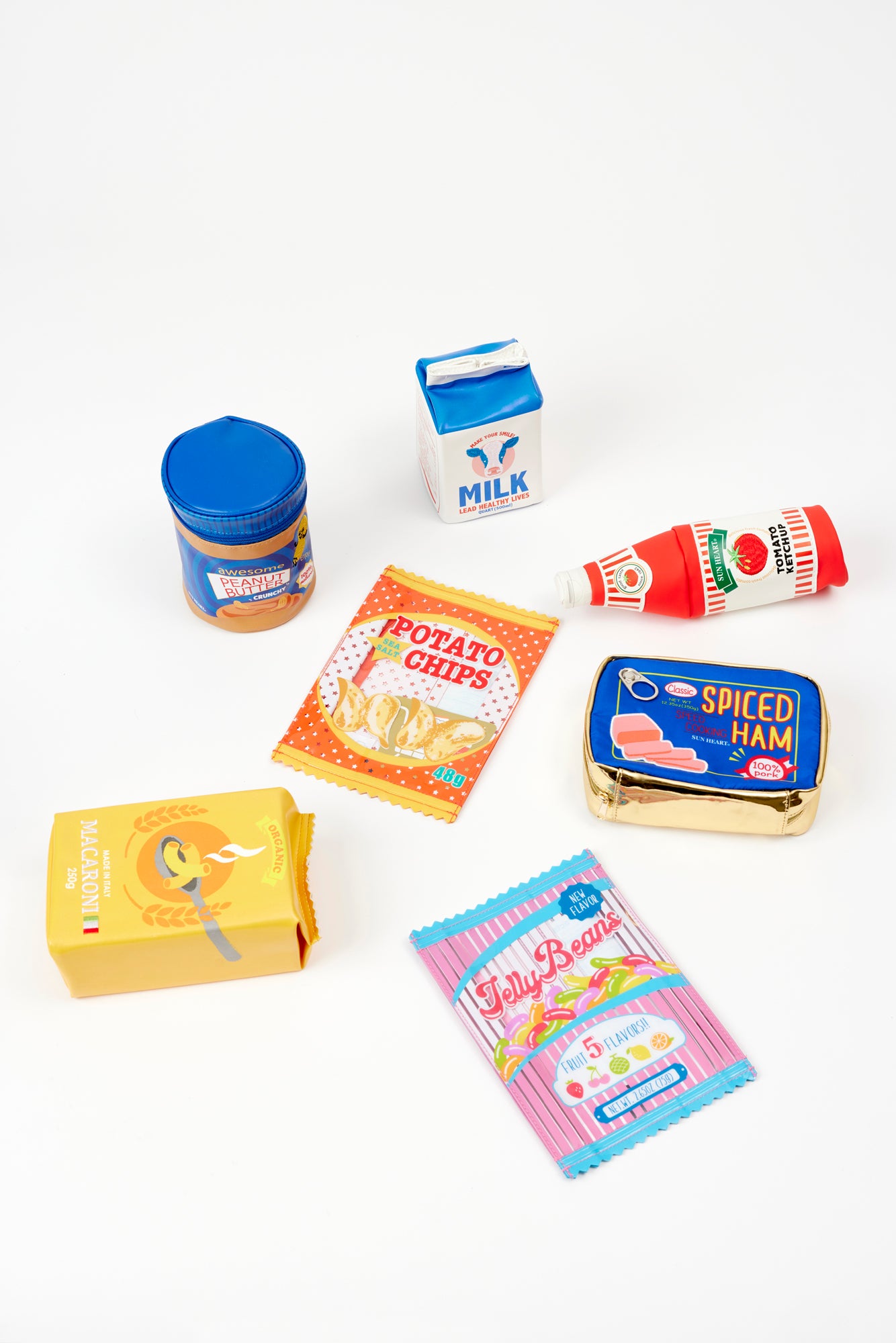 Pouches dressed as food.