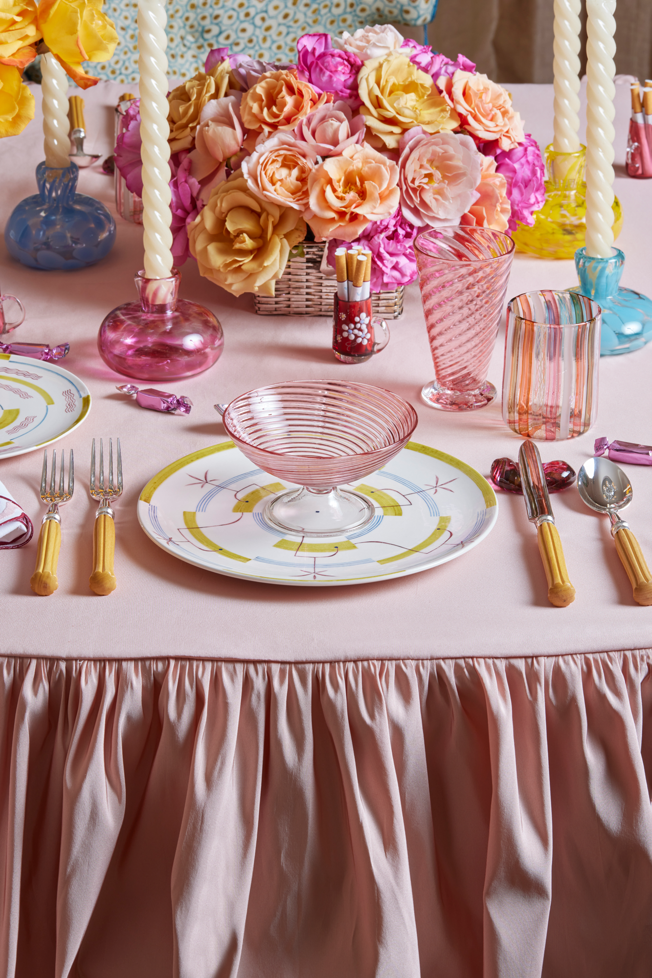 Twisted glass goblets in blush handblown by Tracy Glover.