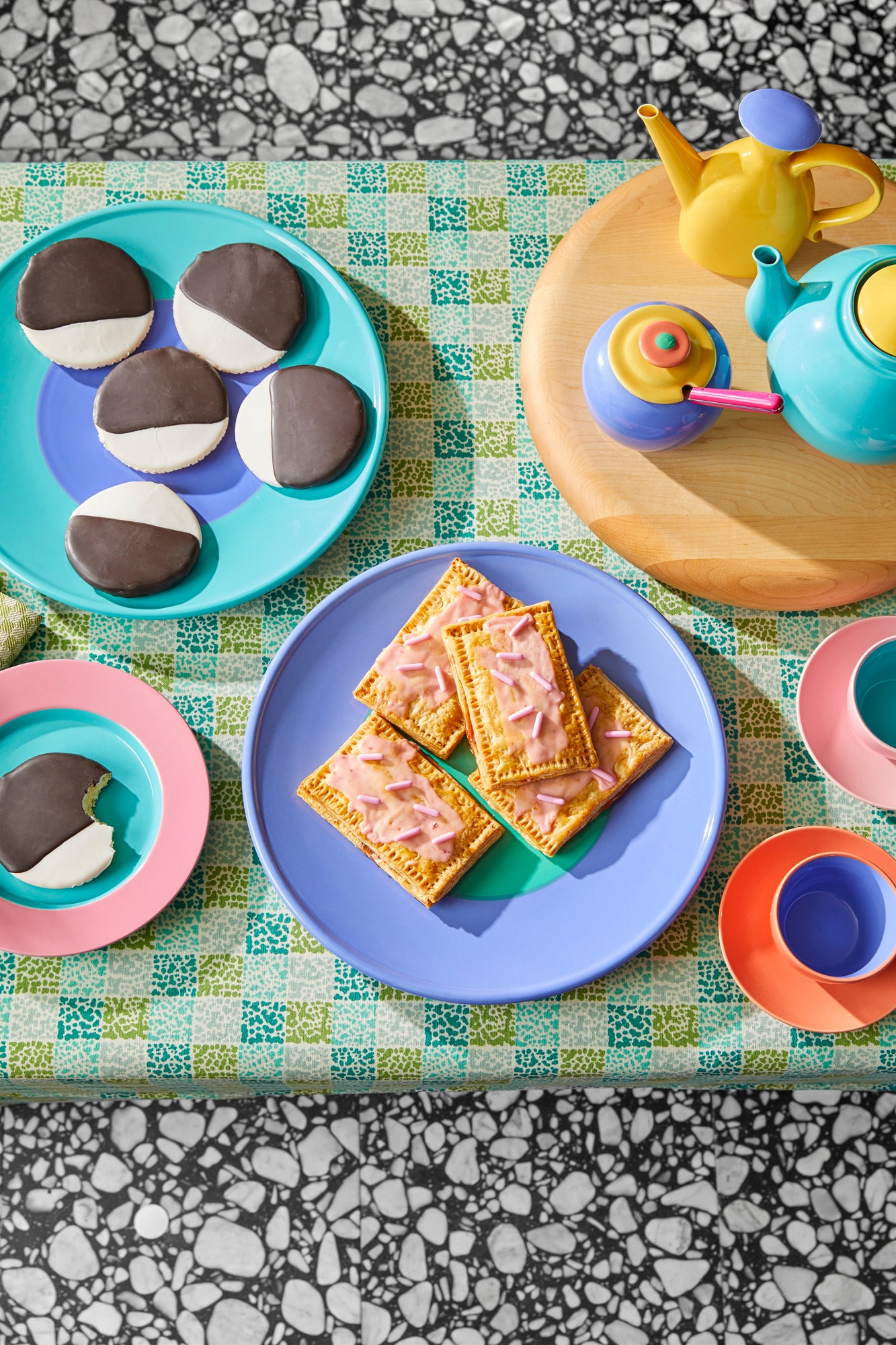 Colorful vintage pomo teapots.