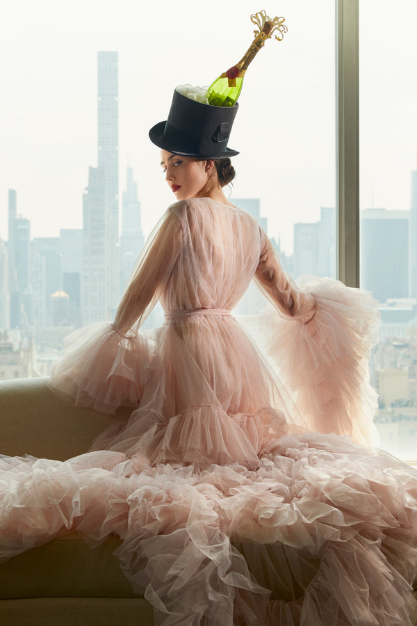 BLUSH RUFFLED TULLE DRESSING GOWN