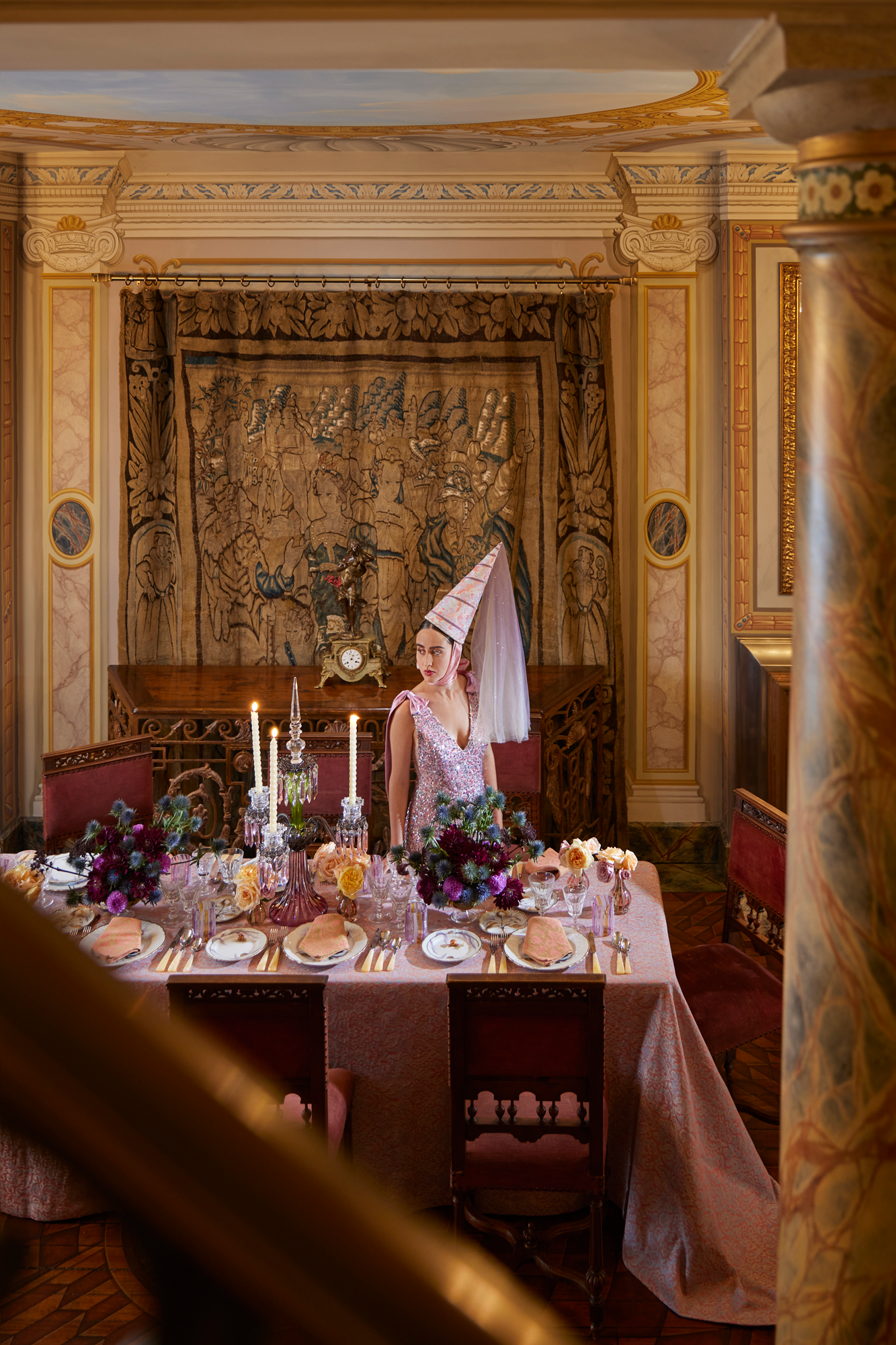 Lilac jacquard tablecloth. Made by hand in the Tuscan hills.
