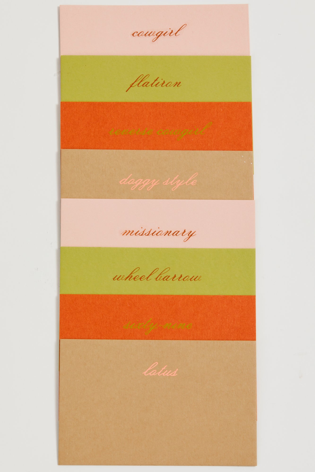 Set of 8 place cards in multiple colors engraved with various sexual positions on heavy cardstock.